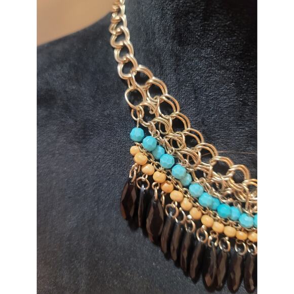 Women Statement Necklace With Turquoise Beads Black Drops And Lobster Clasp Lock - Picture 5 of 6